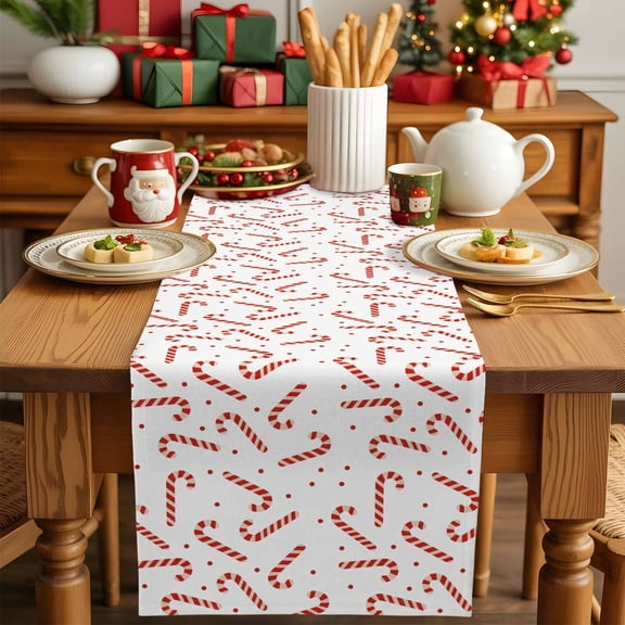 Christmas Candy Cane Table Runner 13x36in Non-Slip Cotton Linen Table Runners, Abstract Geometric Pattern Dresser Scarves TableRunner for Dinner Kitchen Dining Wedding Party