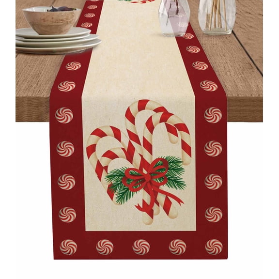 Christmas Candy Cane Table Runner 48 Inches, Xmas Red Bow Pine Branch Retro Bed Runner Dresser Scarves Tabletop for Indoor Outdoor Parties/Ceremony/Banquet, 13" x 48"