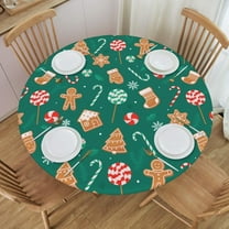 Christmas Candy Cane Tablecloth Green Elastic Edge Fitted Gingerbread Cookies Table Cover Fits Round Tables Up to 45"-50" Diameter