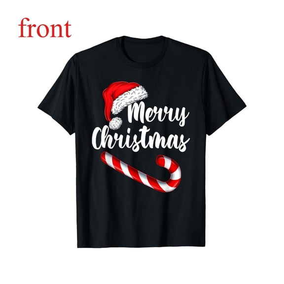 Christmas Candy Cane Tee Merry Print Holiday Top Family Regular Fit Cotton Short Sleeve Round Neck Black S-5XL