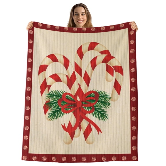 Christmas Candy Cane Throw Blanket, Flannel Fleece Blanket with Striped Design for Couch, Xmas Red Bow Pine Branch Retro Soft Breathable All Season Plush Blankets for Sofa Office Chair 30"x40"