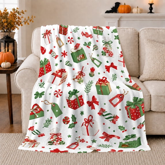 Christmas Candy Cane Treat, Festive Holiday Scene, Warm Flannel Blanket for Living Room and Reading Nook with Detailed Artwork, Art Lovers Christmas Gift, Festive Home Decor