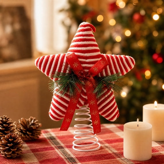 Christmas Candy Cane Tree Topper Hat, Red Velvet with Peppermint Ribbon, Festive Tree Top Ornament for Home, Party, Holiday, Indoor Seasonal Display Use