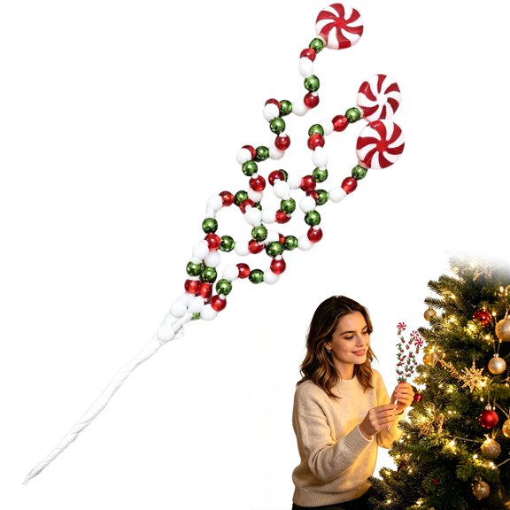 Christmas Candy Cane Twisted Pick Ornaments, Peppermint Ball Beaded Holiday Stem Picks, Wired Curly Tree Decorative Sprays, Tabletop Arrangement Picks, Xmas Wreath Garland Embellishment Stems