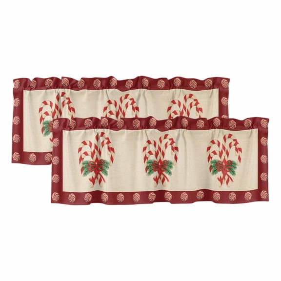 Christmas Candy Cane Valances for Windows, Decorative Rod Pocket Window Valance Curtains, Xmas Red Bow Pine Branch Retro Short Curtain Drapes for Kitchen/Bathroom/Living Room, 2 Panels, 42" W x 12" L