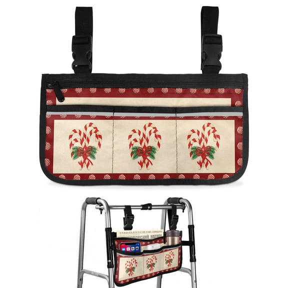 Christmas Candy Cane Wheelchair Bag with Cup Holder Walker Bag with Reflective Stripes for Seniors Wheel Chair Accessories for Adults Xmas Red Bow Pine Branch Retro Wheelchair Side Bags for Rollator