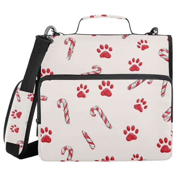 Christmas Candy Cane with Red Dog Paws Binder Bag with Shoulder Strap 3 Ring Zipper Binder File Folder Document Storage