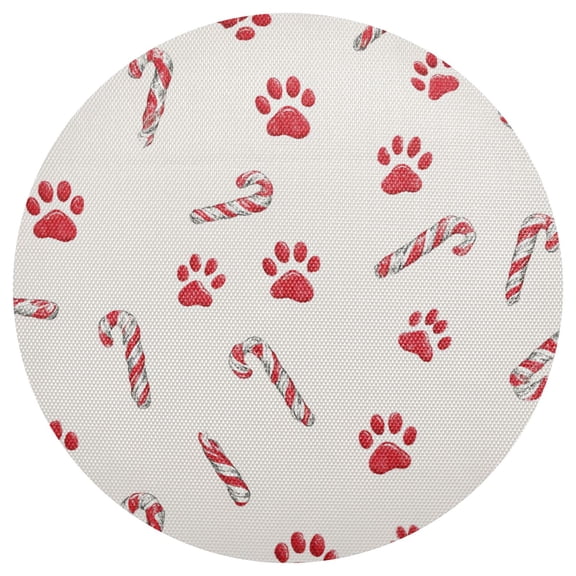 Christmas Candy Cane with Red Dog Paws PVC Round Grid Placemat Table Mat 1 Pc 15.4" x 15.4"