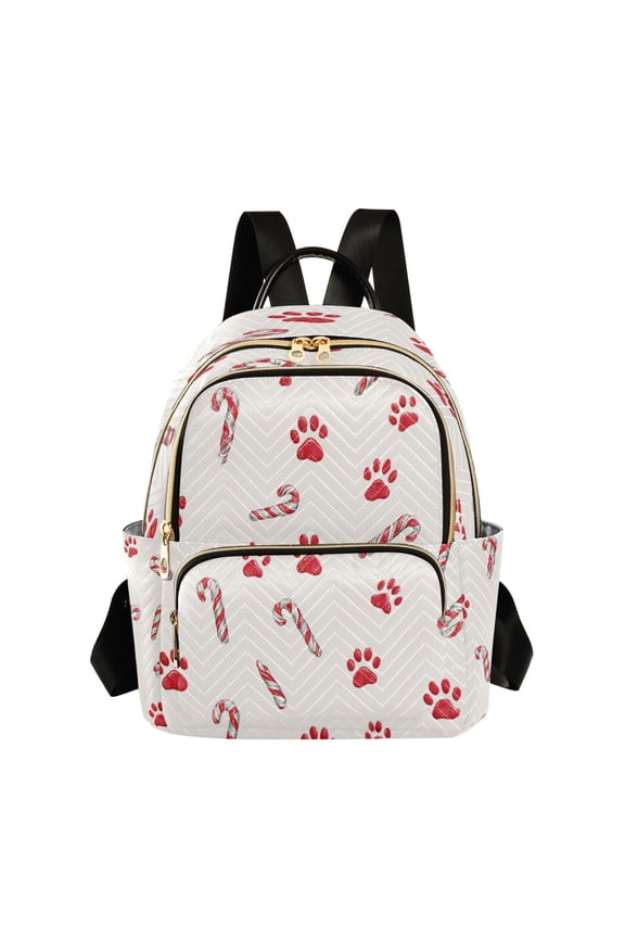 Christmas Candy Cane with Red Dog Paws Quilted Backpack Fashion Daypack Commuter Bag for Women 8.5 L