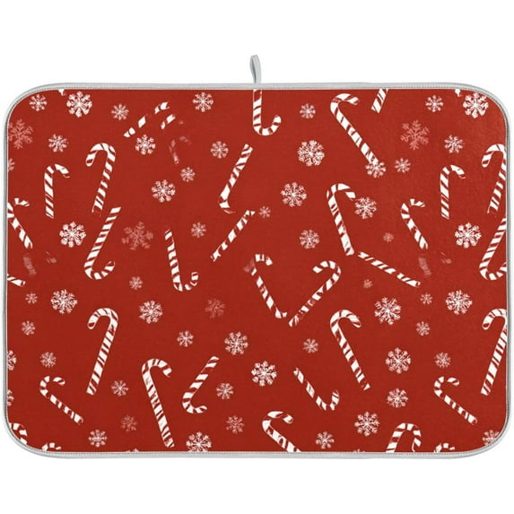 Christmas Candy Canes Dish Drying Mat for Kitchen Counter, Snowflakes Xmas Winter Christmas Tree Microfiber Absorbent Dishes Drainer/Rack Pads under Sink, 16 by 18 inches
