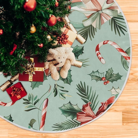 Christmas Candy Canes Gifts and Ribbons Christmas Tree Skirt 48 Inch Winter Xmas Tree Mat for Home Party Holiday Decorations