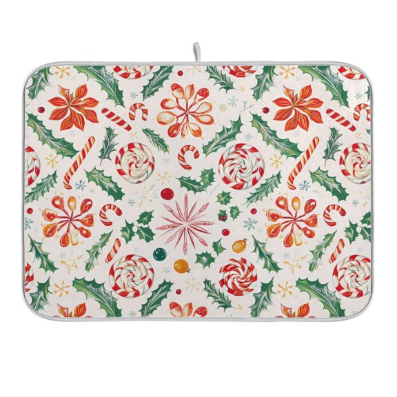 Christmas Candy Canes Holly Leaves Dish Drying Mat 16x18 Absorbent Microfiber Draining Rack Pad for Kitchen Counter Sink