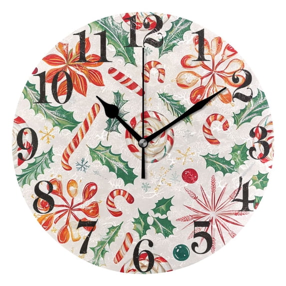 Christmas Candy Canes Holly Leaves Round Wall Clock Battery Operated Silent Non-Ticking Bedroom Office Kitchen Home School Decor 10"(Black)