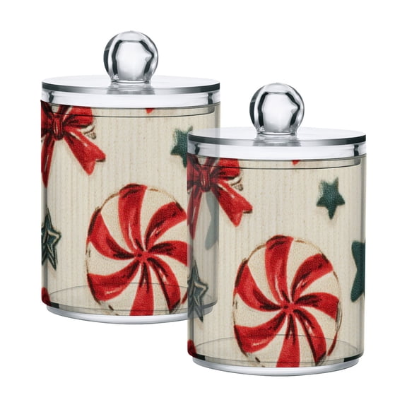 Christmas Candy Canes Stars Bows Retro Translucent Plastic Cans Storage Canisters with Lid Set of 2