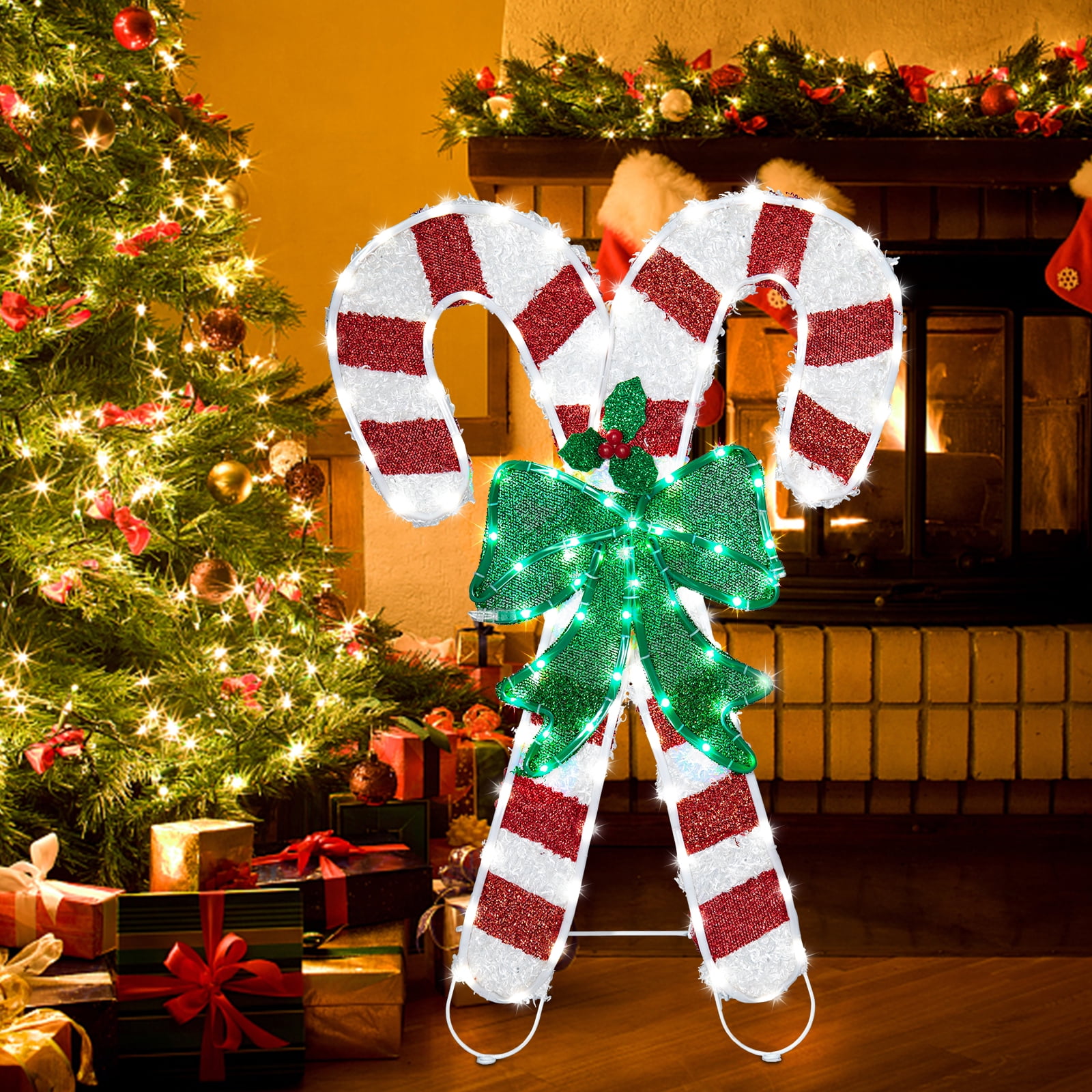 Christmas Candy Canes Tinsel Yard Light Decorations Pre Lit LED