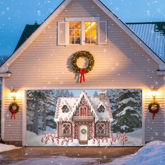 Christmas Candy Garage Door Banner Covers, Pink Ginger Bread House Xmas Tree Snowflake Large Hanging Indoor/Outdoor Backdrop Background for Christmas Winter Party Decor, 6.9x8 FT