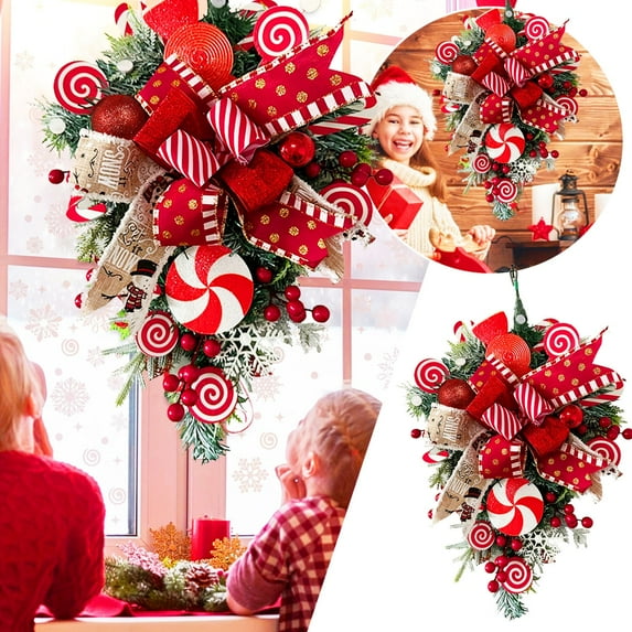 Christmas Candy Garland with Ribbon for Tree or Front Door Decoration, Festive Design, Colorful, Durable Material, Hanging Options Included