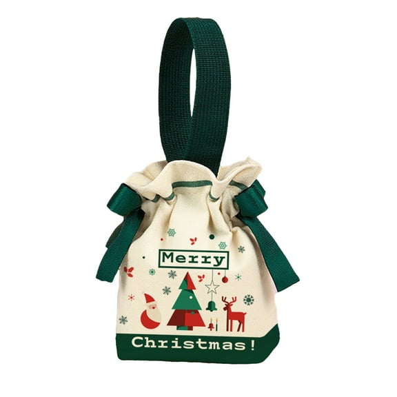 Christmas Candy Gift Drawstring Bag – 7.4 in Canvas Handbag with Santa & Tree Patterns, Green Holiday Treat Sack for Apples, Small Gifts & Party Décor