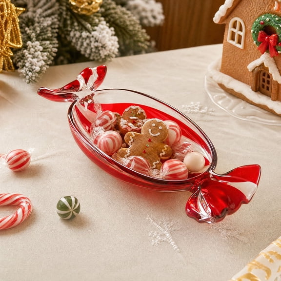 Christmas Candy Glass Serving Bowl Festive Dish for Holiday Treats Chocolates Table Centerpiece