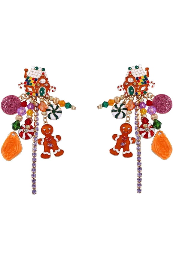 Christmas Candy House Dangle Drop Stud Earrings for Women - Dangling Xmas Gingerbread Man Cookie Mint Sugar Cane Beaded Crystal Tassel Chain Statement Earring Funny Festive Ornament Jewelry Holiday