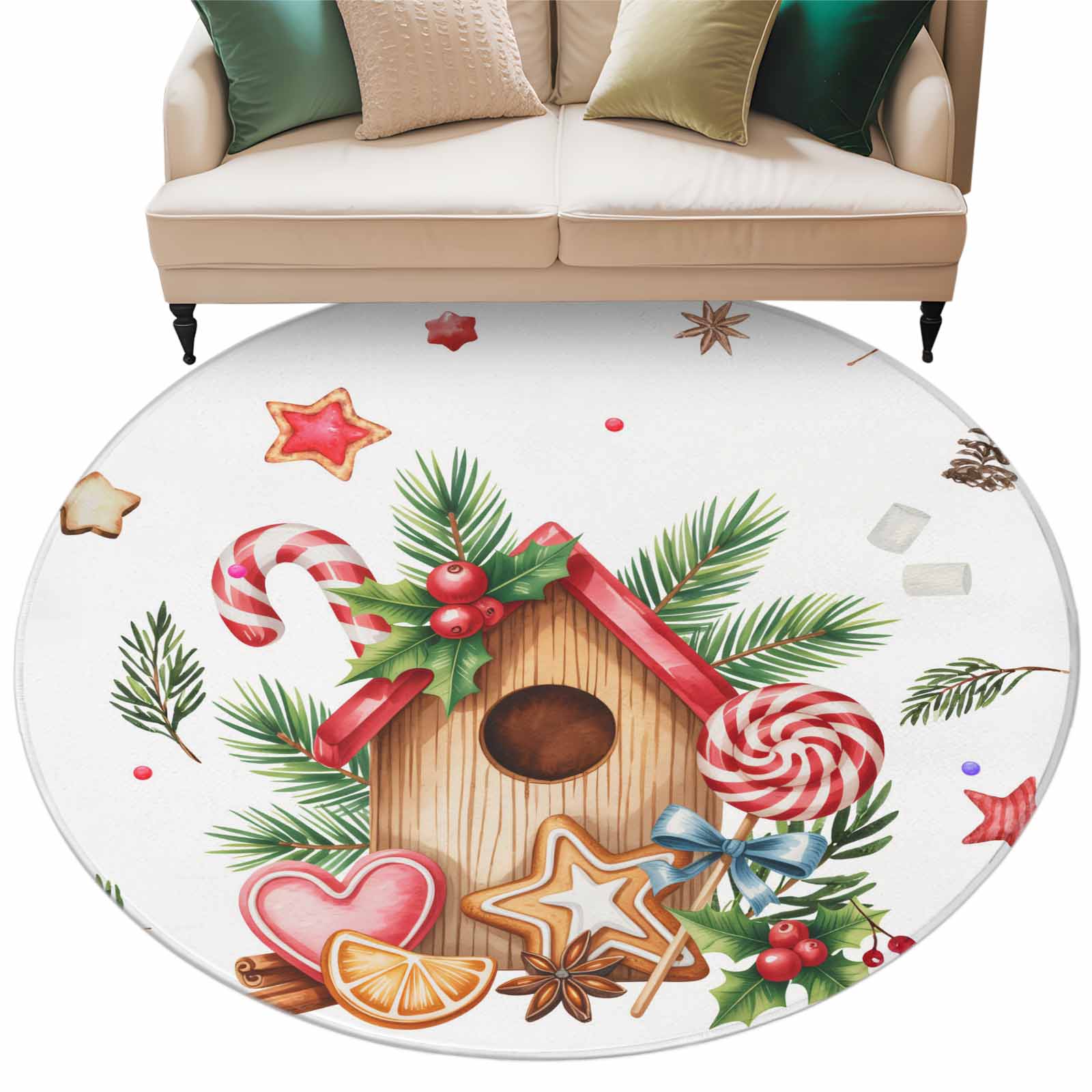 Candy Round Rug Christmas Candy House Round Area Rug 5ft Vintage Green Pine Branch ...