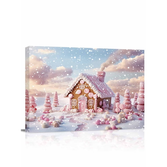Christmas Candy House Tree Canvas Print Wall Art Framed Canvas Art Wall Decor Gingerbread Marshmallow Winter Snow Pink Pictures Painting Morden Artwork for Living Room, Ready to Hang - 12"x16"