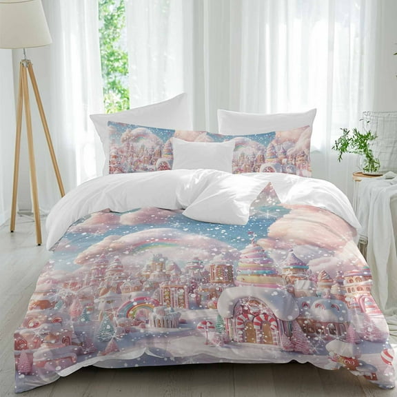 Christmas Candy Ice Cream Duvet Cover Set Full Size, Gingerbread Castle Winter 4 Piece Soft Microfiber Bedding Set with Zipper Closure, 1 Comforter Cover, 1 Flat Sheet, 2 Pillowcases