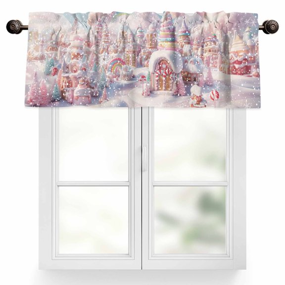 Christmas Candy Ice Cream Valances for Windows, 42x12in, Gingerbread Castle Winter Pink Fantasy Snow Scene Rod Pocket Kitchen Valance Curtain Light Filtering Window Treatments for Living Room Bedroom