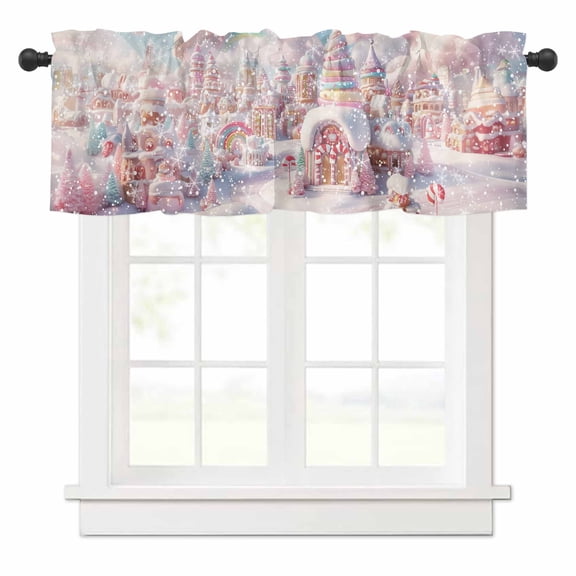 Christmas Candy Ice Cream Valances for Windows Gingerbread Castle Winter Rod Pocket Curtain Valance Window Treatment Short Curtains for Kitchen Living Room, 42"x12"