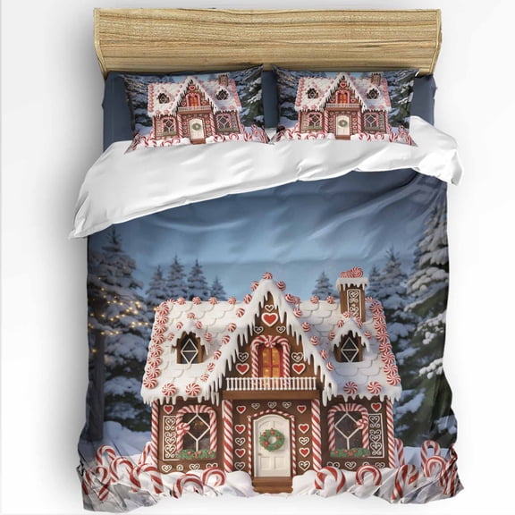 Christmas Candy King Size Comforter Set, Pink Ginger Bread House Xmas Tree Snowflake Soft Bedding for All Seasons, 4 Pcs Bed Set with 1Comforter (90"x106") ,1 Sheet(94"x116"), 2 Pillowcases (19"x35")