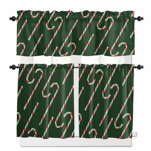 Christmas Candy Kitchen Curtains and Valances Set, Stripe Candy Cane Winter Green Rod Pocket Window Valance 18 Inch Window Curtain Panels for Living Room Bedroom Laundry, 27.5x36in, 3 Pieces