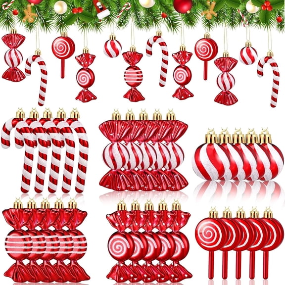 Christmas Balls Candy Ornament Set of 30, Red White Peppermint Candy Cane Decor for Xmas Tree, Lollipop Ornament Xmas Hanging Decorations with Rope