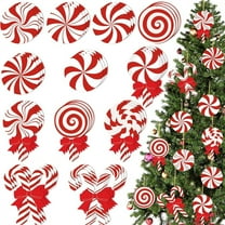 Christmas Candy Ornament Set Tutuviw 36 Pcs Plastic Peppermint Candy Cane Decorations Christmas Lollipop Wood Ornament Xmas Hanging Lollipop Pattern Decorations with Rope (Red White)