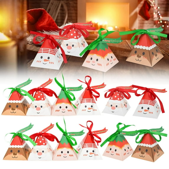 Christmas Candy Paper Boxes 12 Packs with Ribbon, Triangular Holiday Packaging for Cookies, Chocolates & Small Gifts