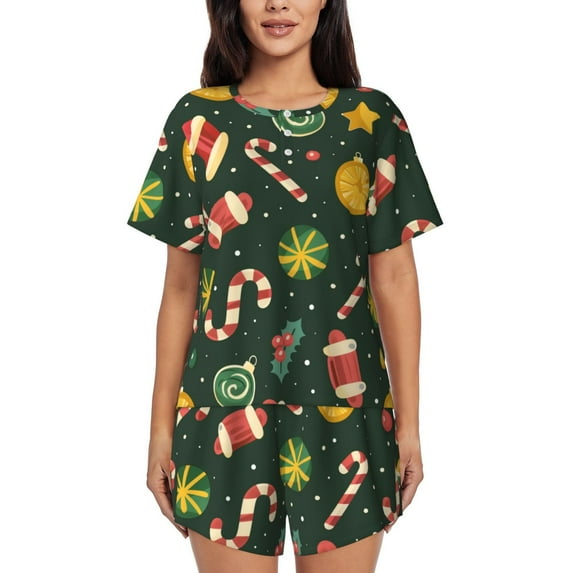Christmas Candy Pattern (5) Womens Pajamas Short Set Soft Short Sleeve Sleepwear Button Down Pjs Set with Pockets S XXL 3x Large