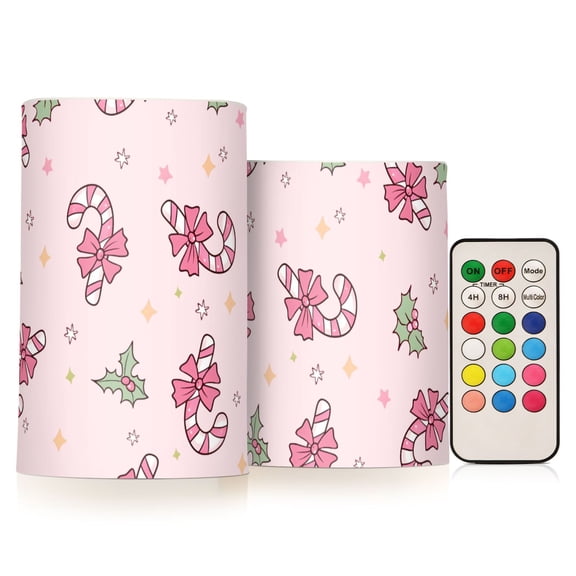 Christmas Candy Pattern Flameless LED Candle Set with Remote, Battery Operated Color Changing Pillar Candles, Set of 2