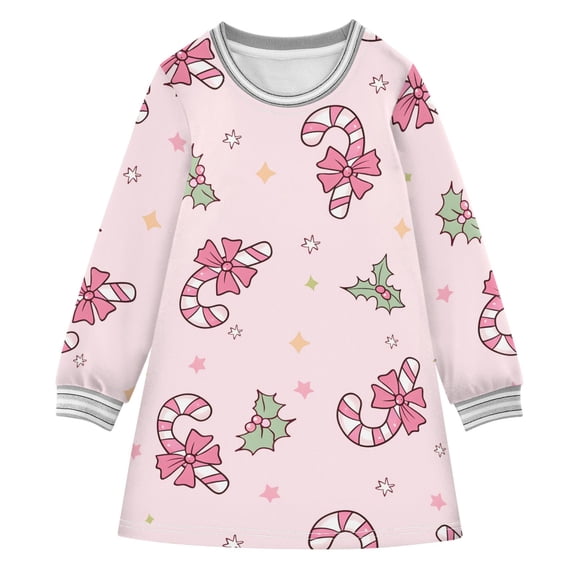 Christmas Candy Pattern Girls'long-sleeved dress Thickened A-dress Warm Dress Basic Shirt Party Dresses
