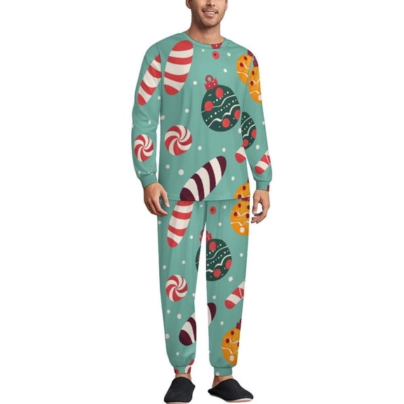 Christmas Candy Pattern Men's Pajama Set Sleepwear Pjs Lightweight Long Sleeve Crewneck Shirts and Bottoms Soft Comfy Sleep Sets 3XL