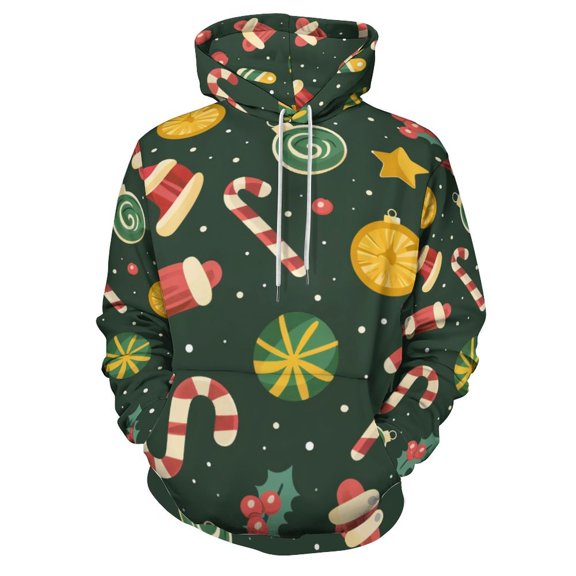 Christmas Candy Pattern Regular Fit Hoodie, Sporty Pullover Hooded Sweatshirt for Men Women M