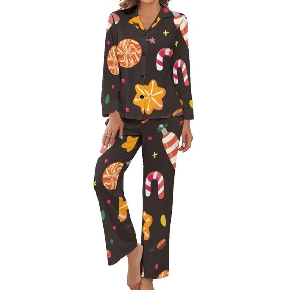 Christmas Candy Pattern Women's Long Sleeve Flannel Pajama Set Sleepwear S