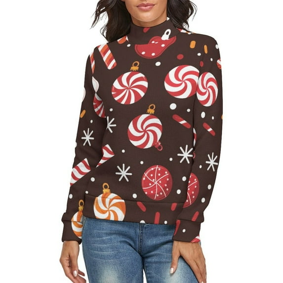 Christmas Candy Pattern Women's Turtleneck Sweater Long Sleeve Ribbed Fitted Turtle Neck Casual Fall Winter Collection Top M