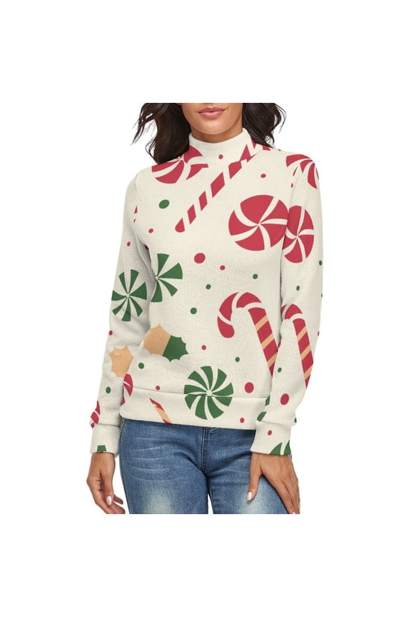 Christmas Candy Pattern Women's Turtleneck Sweater Long Sleeve Ribbed Fitted Turtle Neck Casual Fall Winter Collection Top M