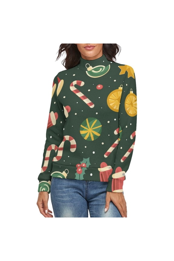Christmas Candy Pattern Women's Turtleneck Sweater Long Sleeve Ribbed Fitted Turtle Neck Casual Fall Winter Collection Top S