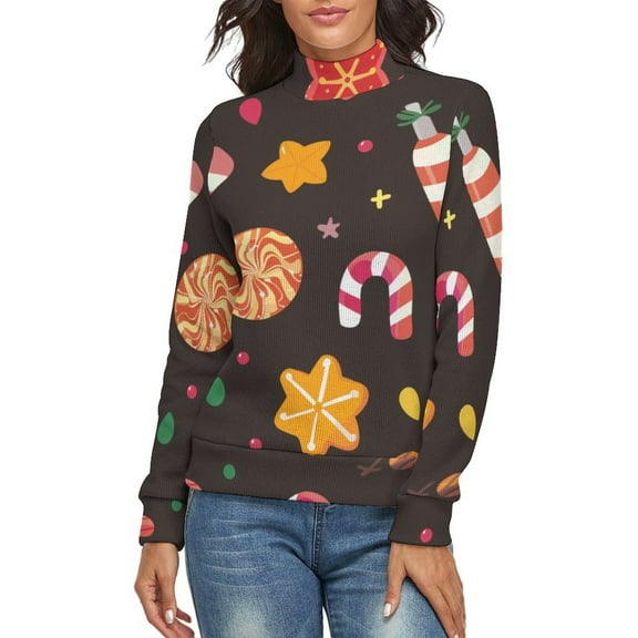 Christmas Candy Pattern Women's Turtleneck Sweater Long Sleeve Ribbed Fitted Turtle Neck Casual Fall Winter Collection Top XL
