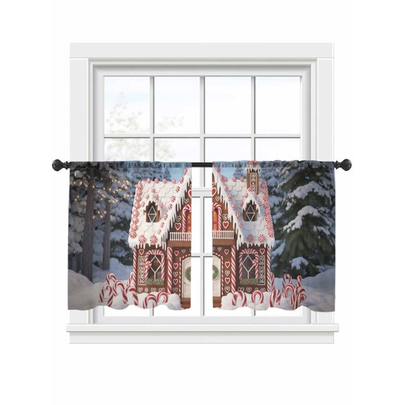 Christmas Candy Sheer Curtains 45 inches Long, Pink Ginger Bread House Xmas Tree Snowflake Light Filtering Sheer Window Curtains Rod Pocket Voile Drapes for Bedroom Living Room, 2 Panels 52"W x 45"L