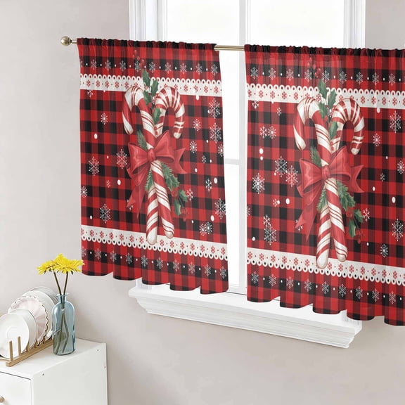 Christmas Candy Sheer Curtains 54 Inch Length 2 Panels Set Window Treatments, Xmas Black Red Checkered Snowflake Rod Pocket Semi Curtains for Living Room/Bedroom/Kitchen Décor, 104"W x 54"L