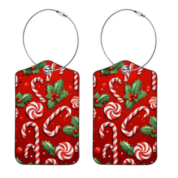Christmas Candy Square PU Leather Luggage Tags - 2 Pack with Privacy Cover and Stainless Steel Ring - Suitable for Travel, Backpack, Handbag - Suitcase Tags, Travel Tag