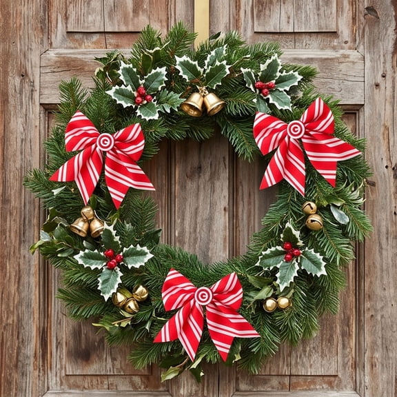 Christmas Candy Stripe Fabric Bow, Hanging Ornament with Foldable Build for Wreath Mantel Window and Tree Door Home Bundle