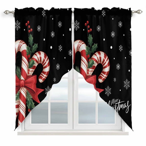 Christmas Candy Swag Valances for Windows, Kitchen Curtains 36 Inch Length 2 Panels Set, Xmas Berry Snowflake Black Short Curtains for Small Windows Rod Pocket Cafe Curtains Drapes 28"x36"