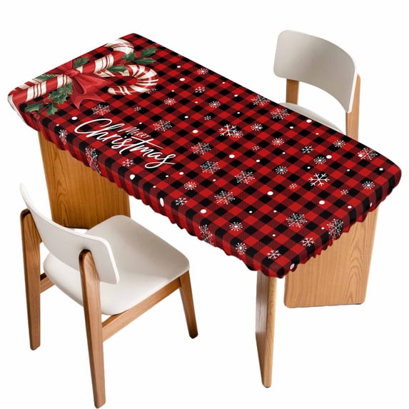 Christmas Candy Table Cloths for 4 Foot Rectangle Tables, Xmas Berry Snowflake Red Patio Waterproof Elastic Fitted Tablecloths, Washable Rectangular Table Cover for Camping